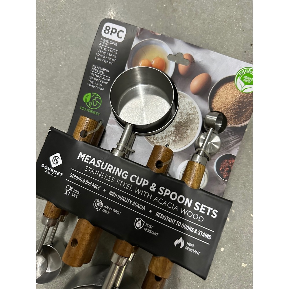 Gourmet Kitchen 8PC Stainless Steel Measuring Cup and Spoon Set Acacia Wood